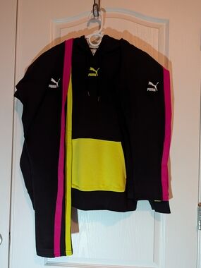 Puma Women's Black Hoodie with Pink and Neon Yellow Accents 3 Pc. Set